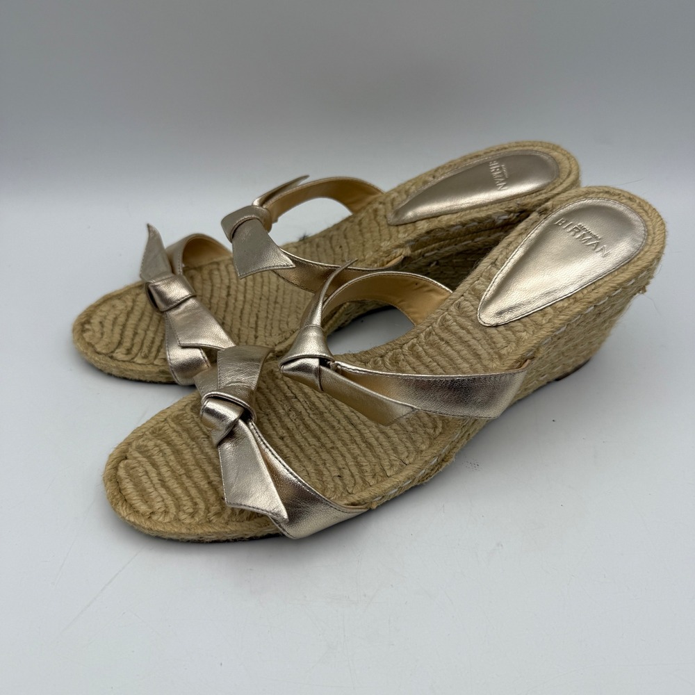 Alexandre Birman Clarita Wedge Sandals Womens 38.5 US 8.5 Gold Metallic Bows
